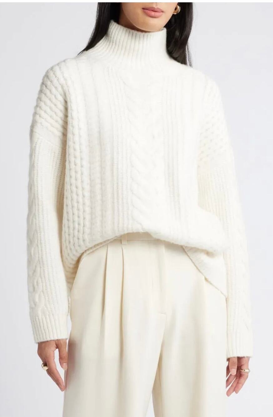 NORDSTROM Cream Fisherman High-Low Mock Neck Sweater